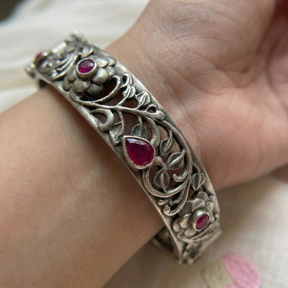 Oxidized Silver Finish Floral Filigree Bangle Bracelet with Ruby Pink Stone Accents