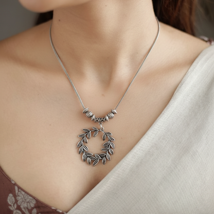 Oxidized Silver Leaf Wreath Necklace Set | Jhumka Earrings & Bead Chain