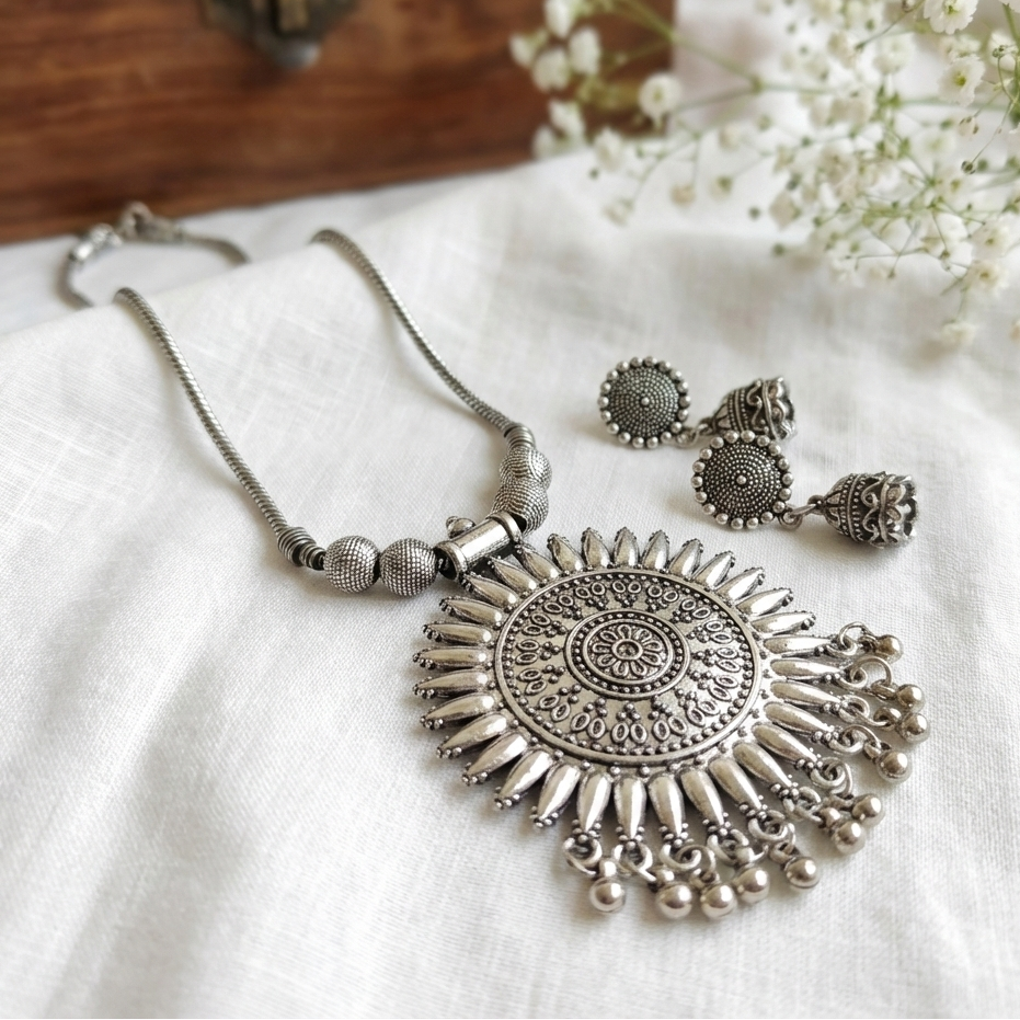 Tribal Sunburst Oxidized Necklace Set | Boho Ethnic Jewelry with Jhumkas
