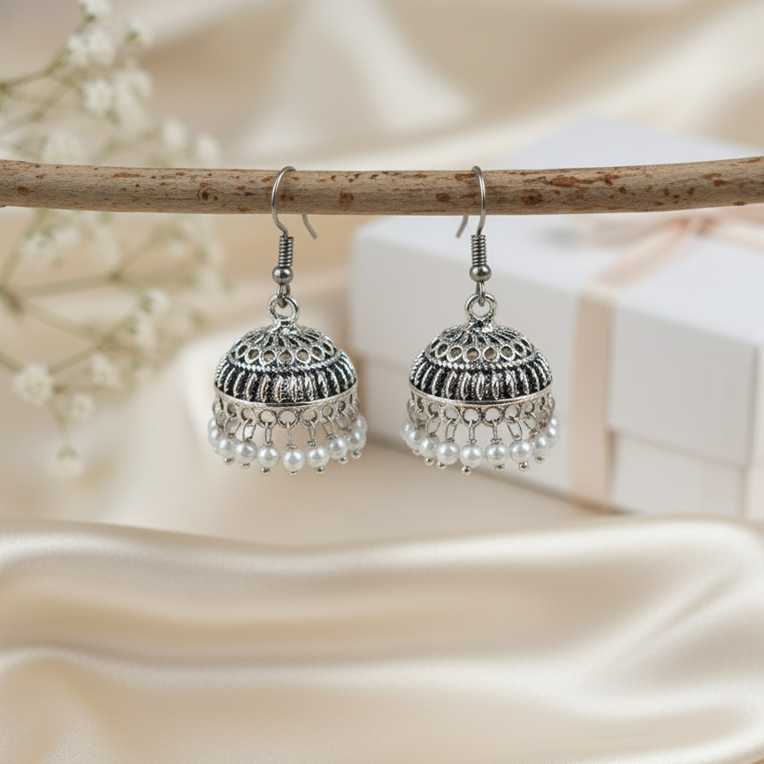 Classic Oxidised Silver Jhumka Earrings with Pearl Drop