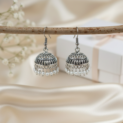 Classic Oxidised Silver Jhumka Earrings with Pearl Drop