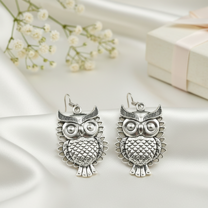 Oxidized Silver Owl Dangle Earrings | Bohemian Wise Owl Statement Jewellry for Women