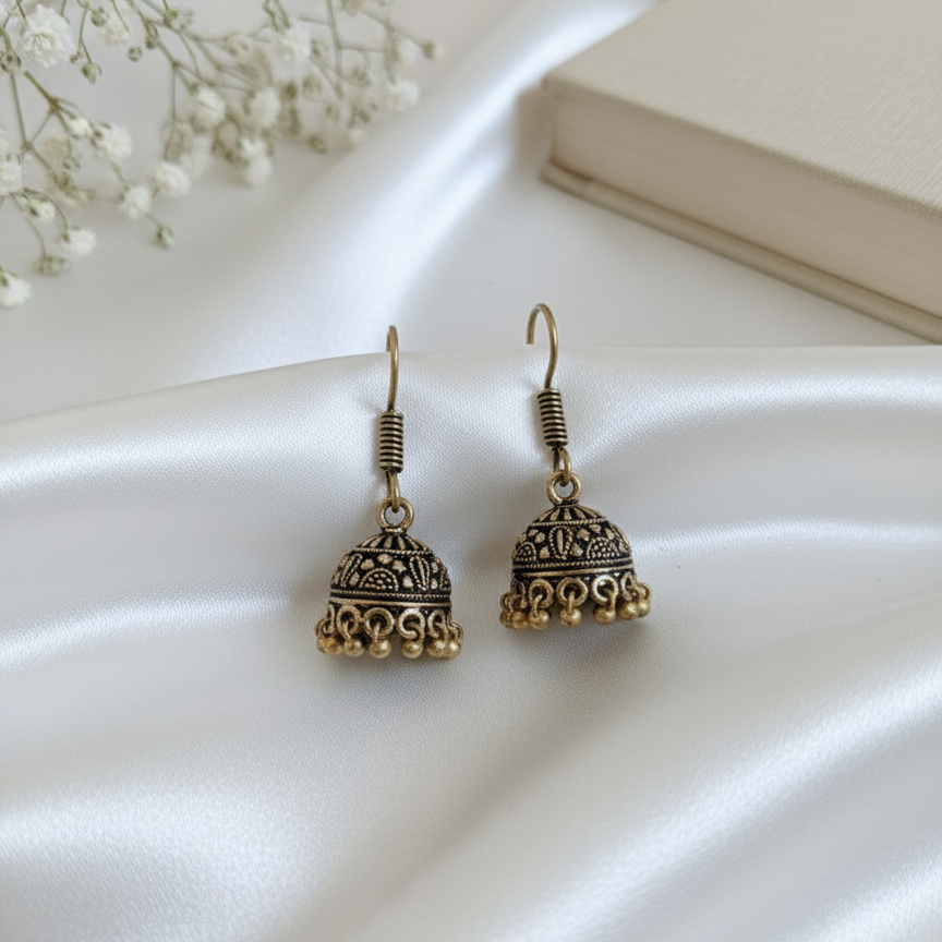Antique Gold Toned Mini Jhumka Earrings - Traditional Indian Ethnic Dangler with Ghungroo Bells