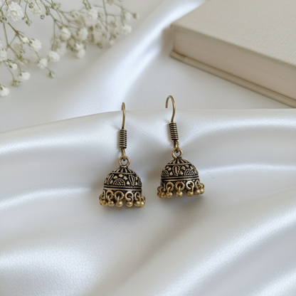Antique Gold Toned Mini Jhumka Earrings - Traditional Indian Ethnic Dangler with Ghungroo Bells