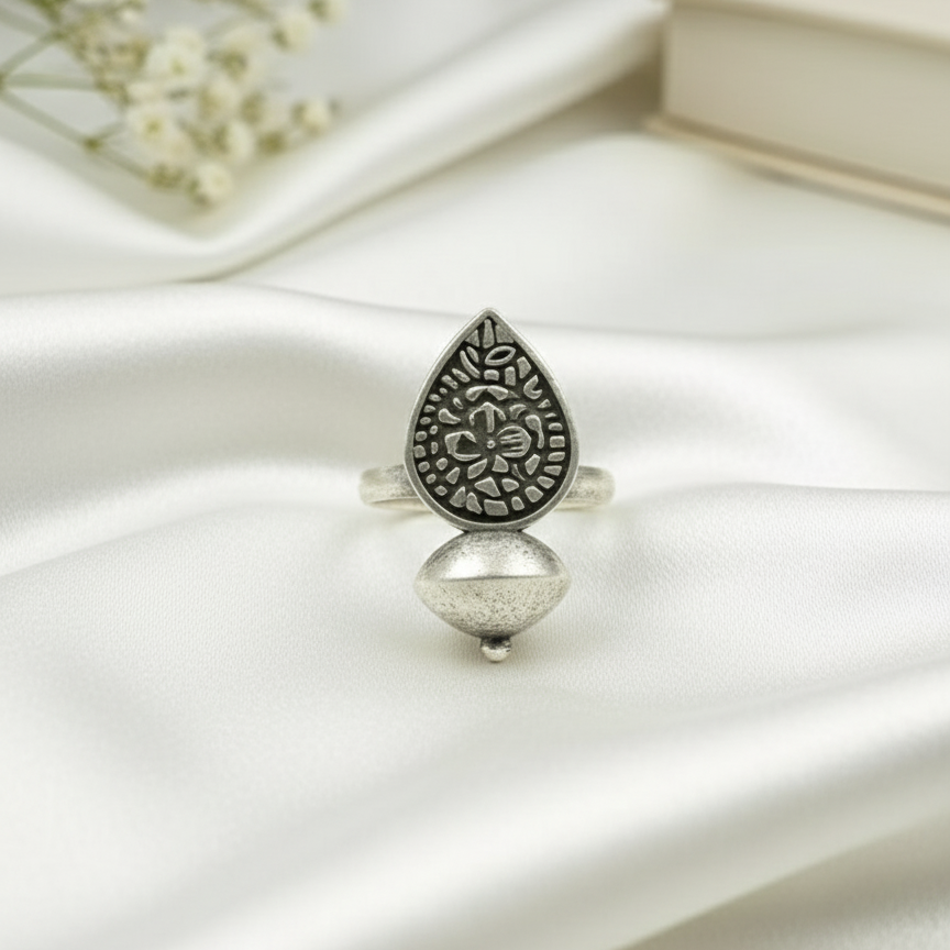 Adjustable Oxidized Silver Statement Ring | Tribal Teardrop & Cone Design