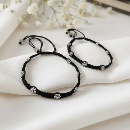 Bohemian Flower Bead Black Thread Anklets Pair - Adjustable