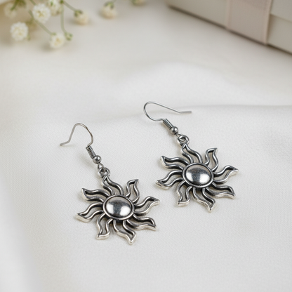 Oxidized Silver Sun Earrings | Bohemian Boho Celestial Dangle Drop Jewelry for Women & Girls
