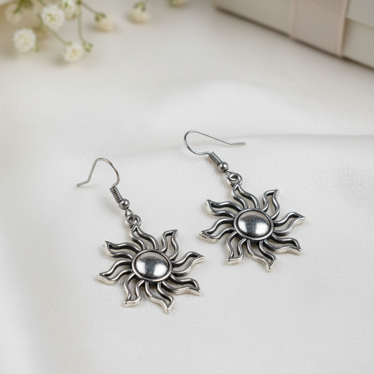 Oxidized Silver Sun Earrings | Bohemian Boho Celestial Dangle Drop Jewelry for Women & Girls