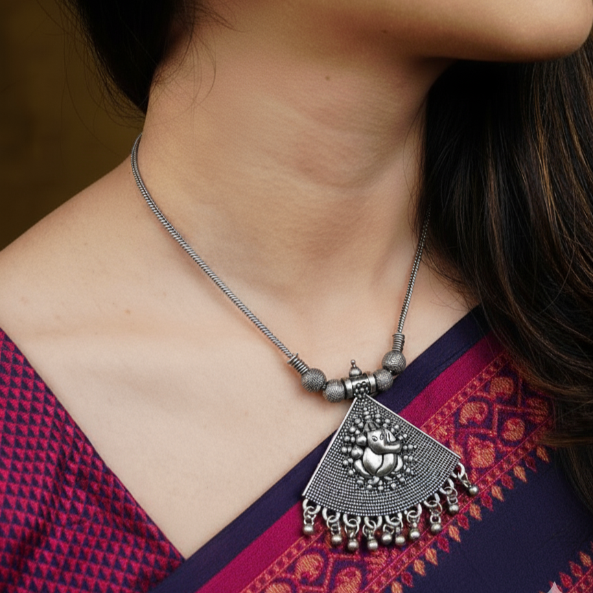 Silver Ganesha Necklace Set | Best Silver Plated Chain Pendant with Earrings