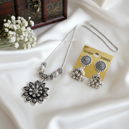 Silver Flower Mandala Necklace Set | Jhumka Earrings Dangler