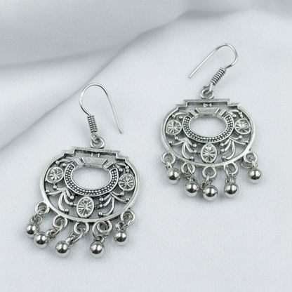 Oxidized Silver Jhoomar Drop Earrings | Crystal & Ghungroo Danglers