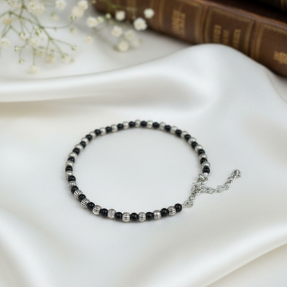 Silver Ball Black Anklet with Beautiful Stone Design