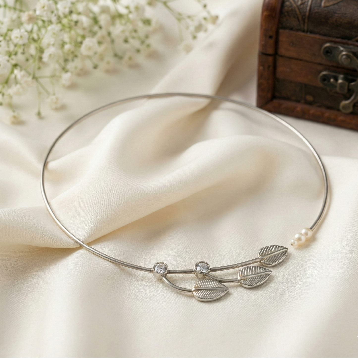 Oxidized Silver Leaf & Pearl Torque Necklace - Adjustable Choker Style