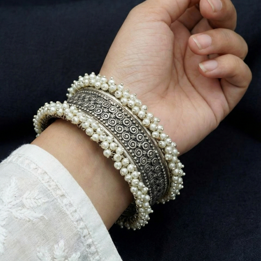 Stunning Oxidized Silver & Pearl Statement Bangle