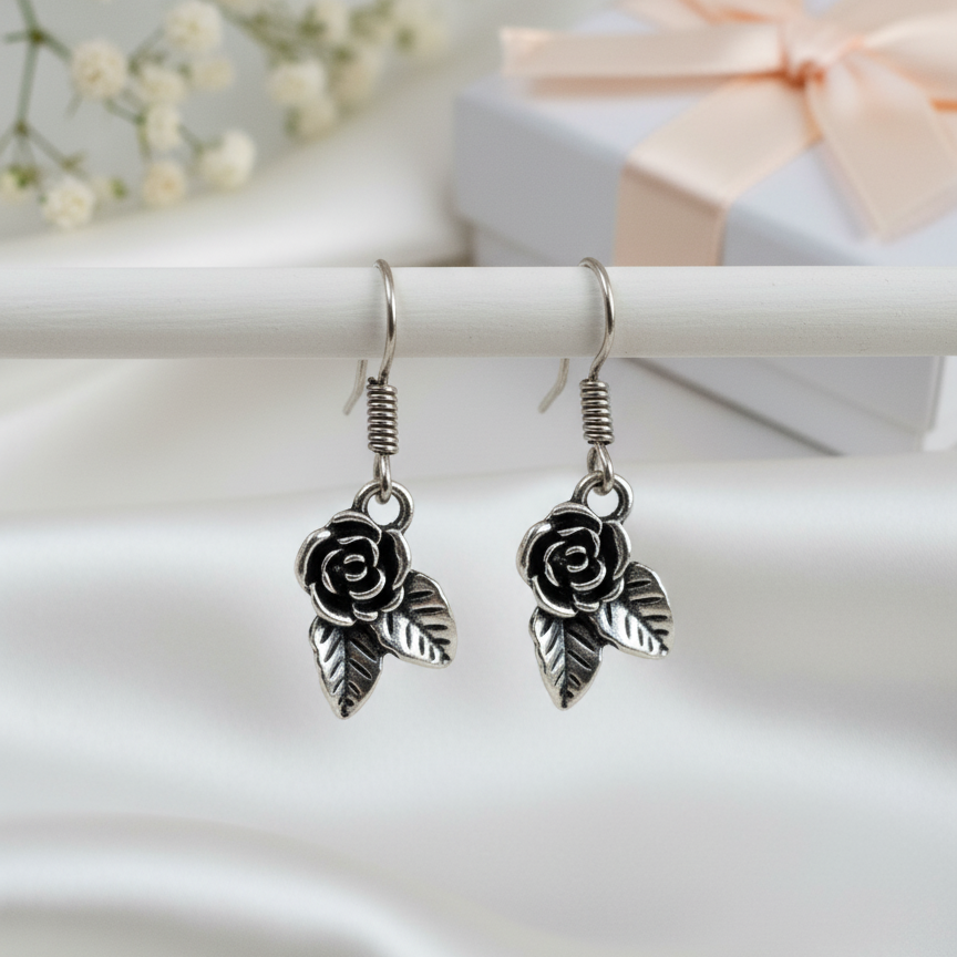 Oxidized Silver Rose and Leaf Drop Earrings