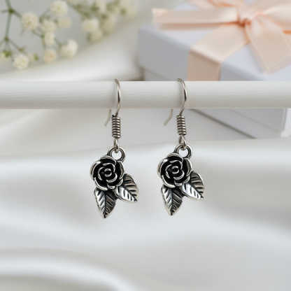 Oxidized Silver Rose and Leaf Drop Earrings