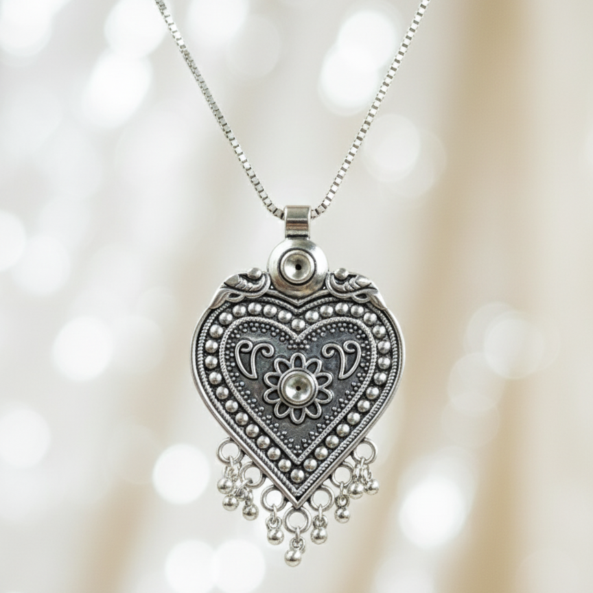 Oxidized Silver Heart Pendant Necklace | Intricate Tribal Dangle Charm