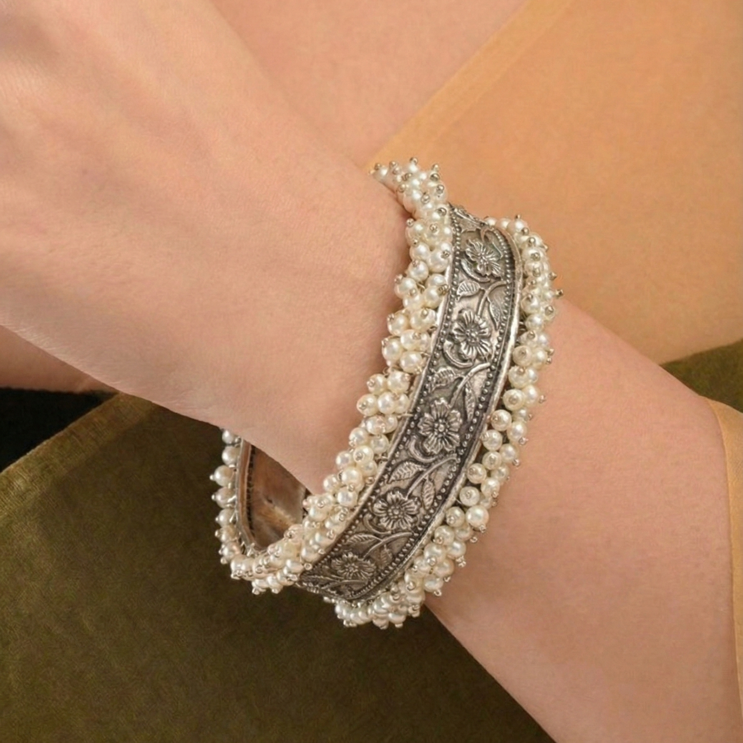 Oxidized Silver Kada with Pearl  Unique Pearl Work - Traditional Indian Bangle Bracelet