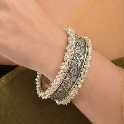 Oxidized Silver Kada with Pearl  Unique Pearl Work - Traditional Indian Bangle Bracelet