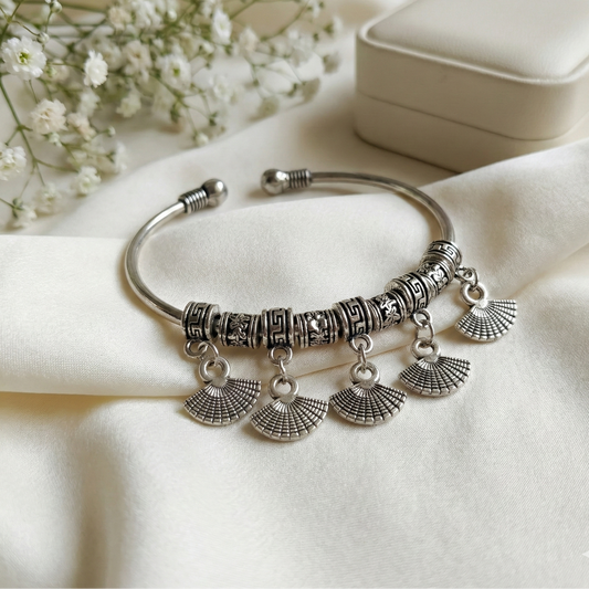 Oxidized Silver Fan Charm Cuff Bracelet - Adjustable