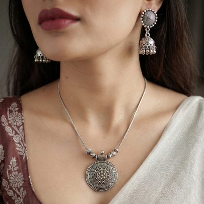Oxidized Silver Mandala Pendant Necklace & Jhumka Earrings Set