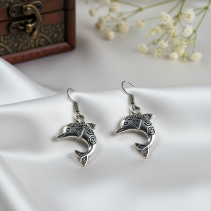Playful Oxidized Silver Dolphin Dangle Earrings