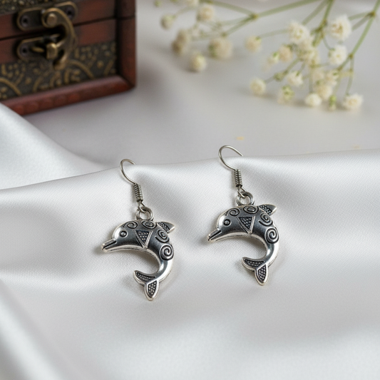 Playful Oxidized Silver Dolphin Dangle Earrings