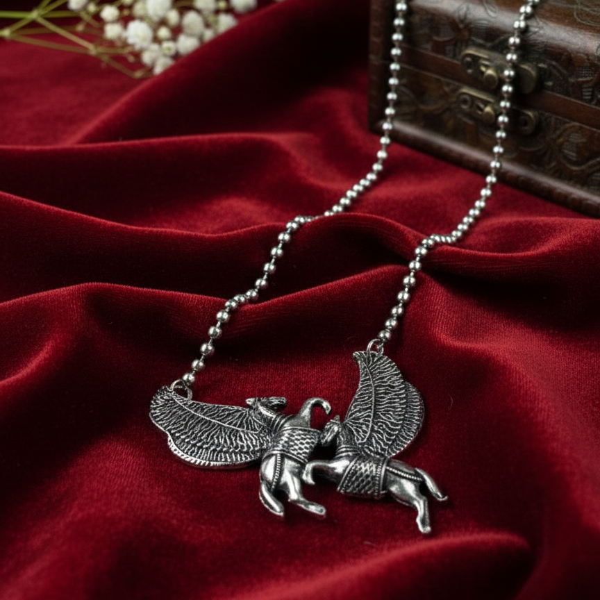 Mythical Pegasus Oxidized Silver Necklace – Adjustable Twin Winged Horse Pendant for Women