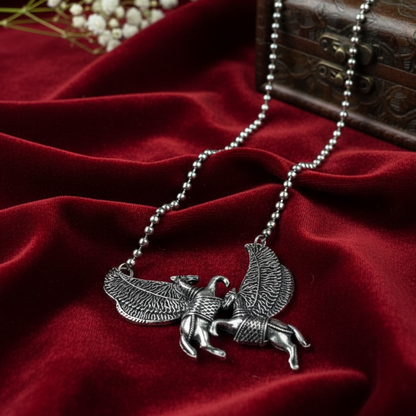 Mythical Pegasus Oxidized Silver Necklace – Adjustable Twin Winged Horse Pendant for Women