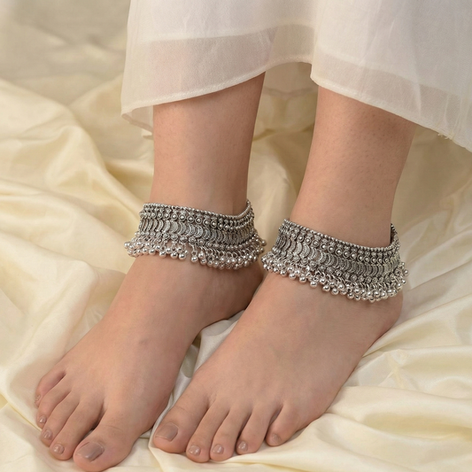 Tribal Oxidized Silver Ghungroo Anklets Pair | Statement Payal Set