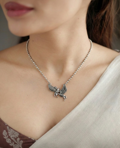 Mythical Pegasus Oxidized Silver Necklace – Adjustable Twin Winged Horse Pendant for Women