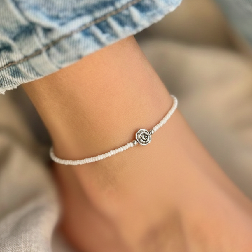 Ethnic Rose Charm Anklet | White Beads Silver Replica Best Traditional Jewellery