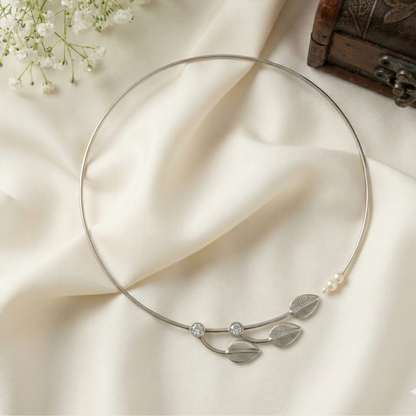 Oxidized Silver Leaf & Pearl Torque Necklace - Adjustable Choker Style