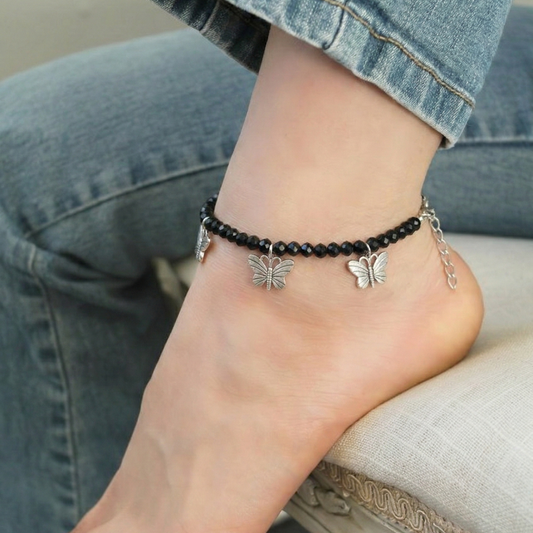 Butterfly Charm Black Beaded Anklet – Oxidized Silver Boho Payal with Adjustable Chain