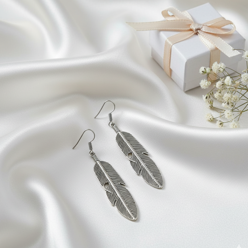 Oxidized Silver Feather Earrings | Long Boho Dangle Jewellry