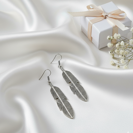 Oxidized Silver Feather Earrings | Long Boho Dangle Jewellry