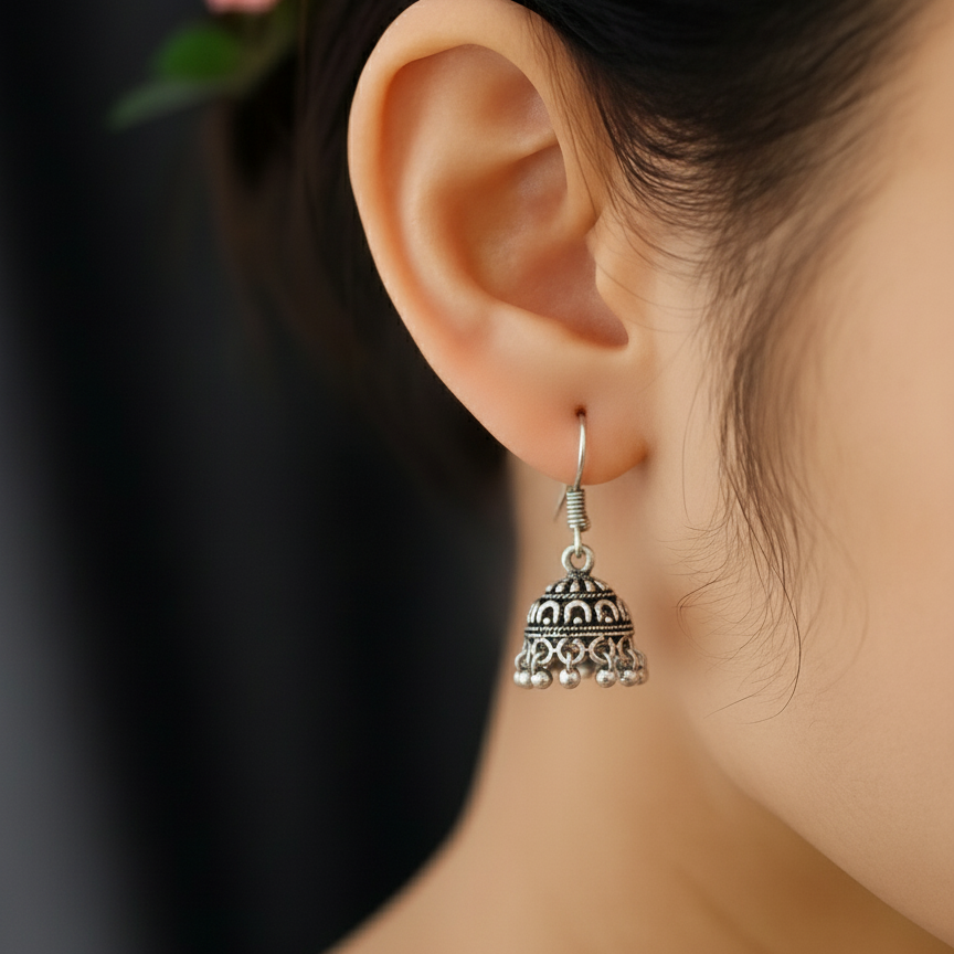 Mini Oxidized Silver Dome Jhumka Earrings