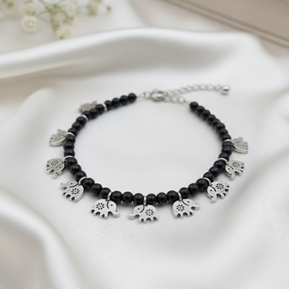 Handcrafted Black Beaded Elephant Charm Adjustable Anklets - Pair