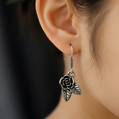 Oxidized Silver Rose and Leaf Drop Earrings