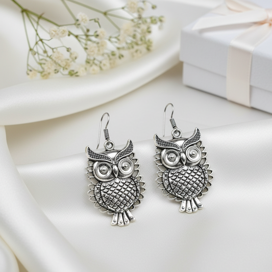 Oxidized Silver Owl Dangle Earrings | Bohemian Wise Owl Statement Jewellry for Women