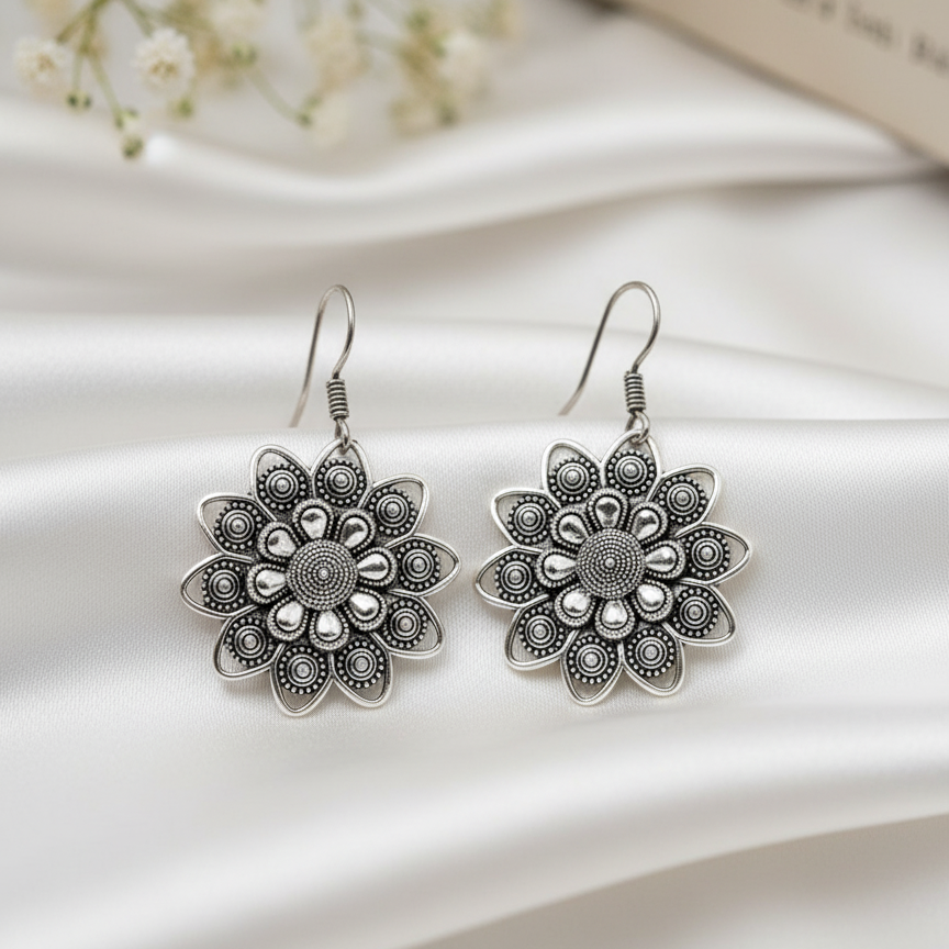 Intricate Oxidized Silver Mandala Flower Earrings