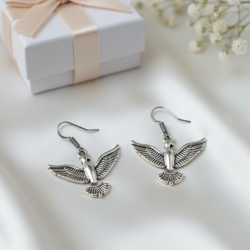 Bohemian Flying Bird Dangle Earrings | Oxidized Silver Nature Inspired Jewellry