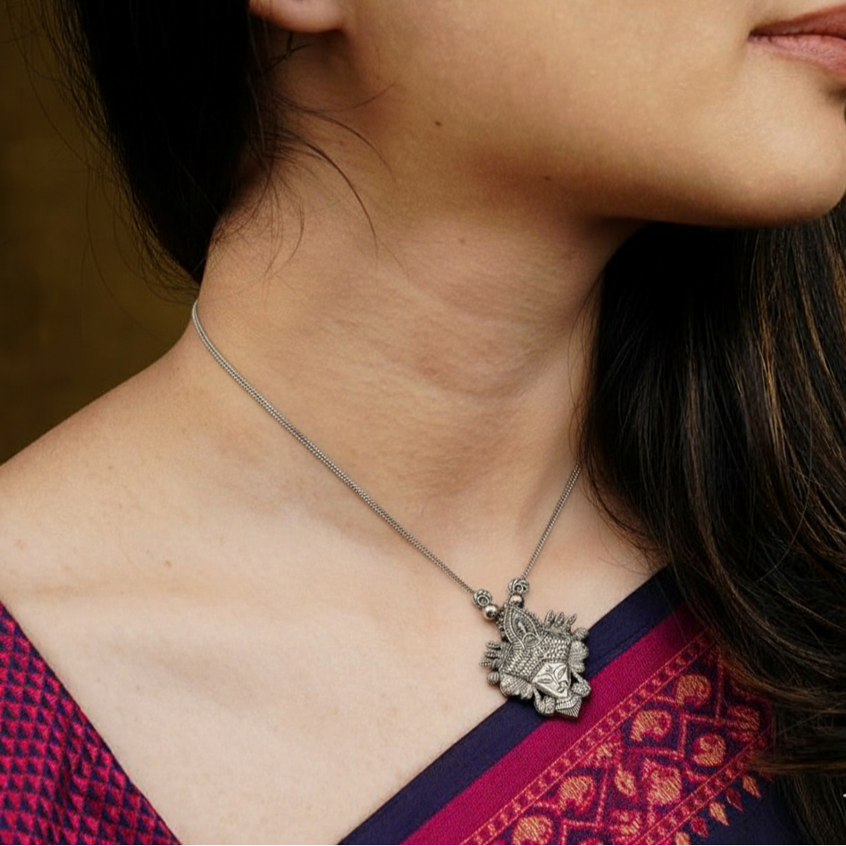 Oxidized Tribal Durgha Maa Necklace Pendant Set | Intricate Ethnic Necklace & Earrings