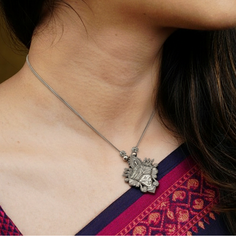 Oxidized Tribal Durgha Maa Necklace Pendant Set | Intricate Ethnic Necklace & Earrings