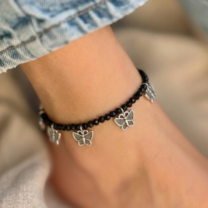 Drop Butterfly Charm Black Beaded Anklet – Oxidized Silver Boho Payal with Adjustable Chain