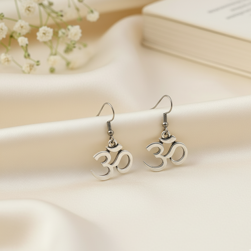 Oxidized Silver Om Symbol Dangler Earrings