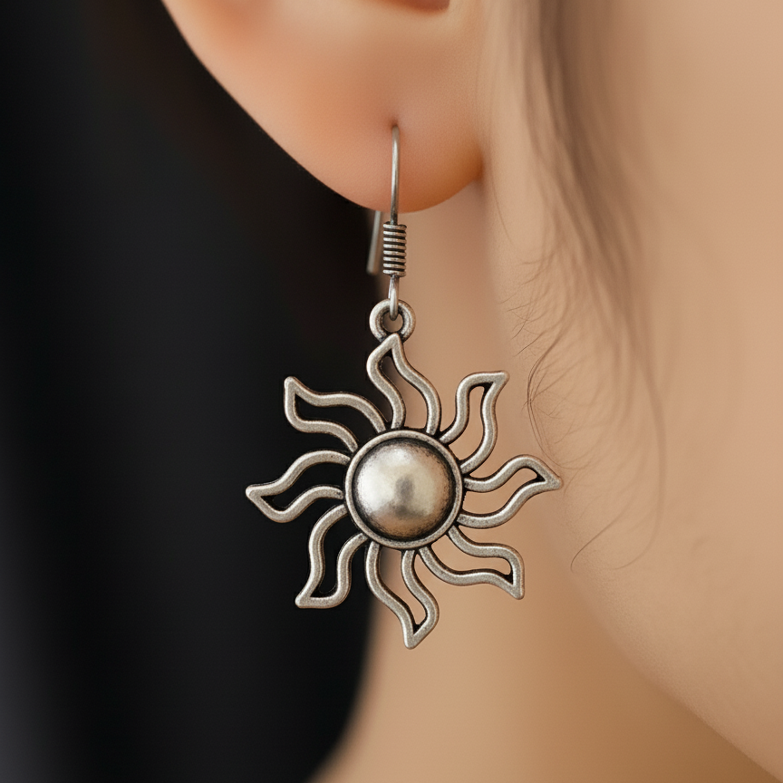 Oxidized Silver Sun Earrings | Bohemian Boho Celestial Dangle Drop Jewelry for Women & Girls