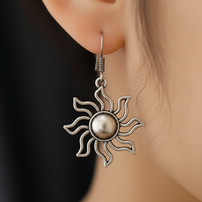 Oxidized Silver Sun Earrings | Bohemian Boho Celestial Dangle Drop Jewelry for Women & Girls