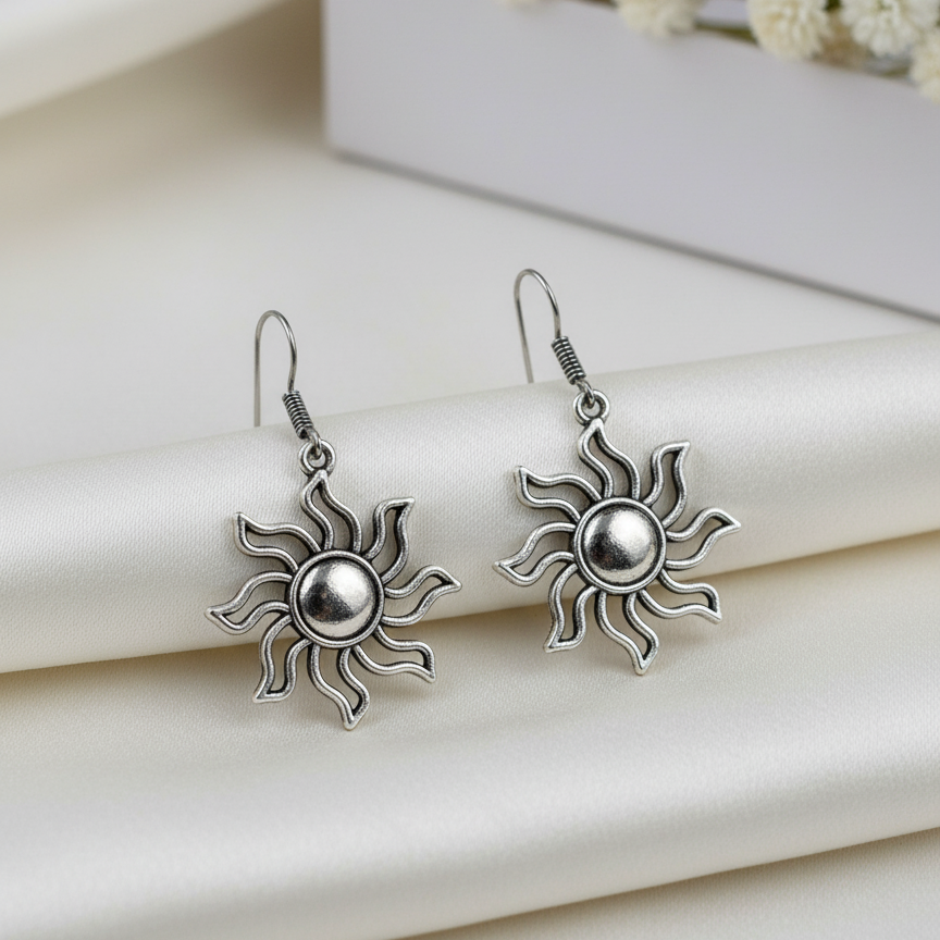 Oxidized Silver Sun Earrings | Bohemian Boho Celestial Dangle Drop Jewelry for Women & Girls