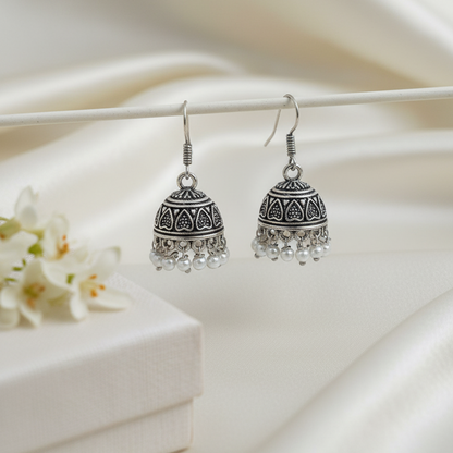 Traditional Oxidized Silver Jhumka Earrings with Pearl Drop